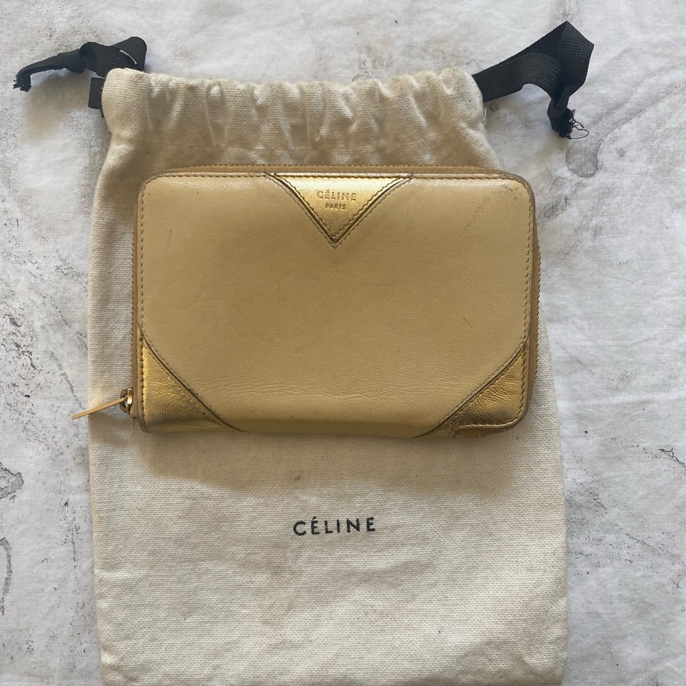 Celine Gold Leather Medium Zip Wallet